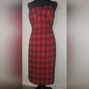 GUESS Valentia Red And Black Plaid Scuba Strapless Dress Women's Size L